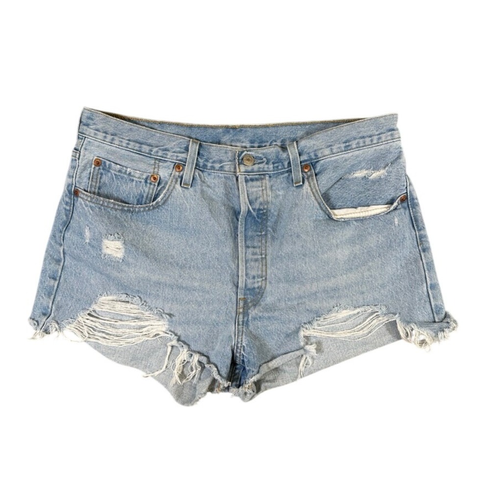 Levis 501 Original High Rise Distressed Denim Shorts Light Wash Blue Cut Offs 34